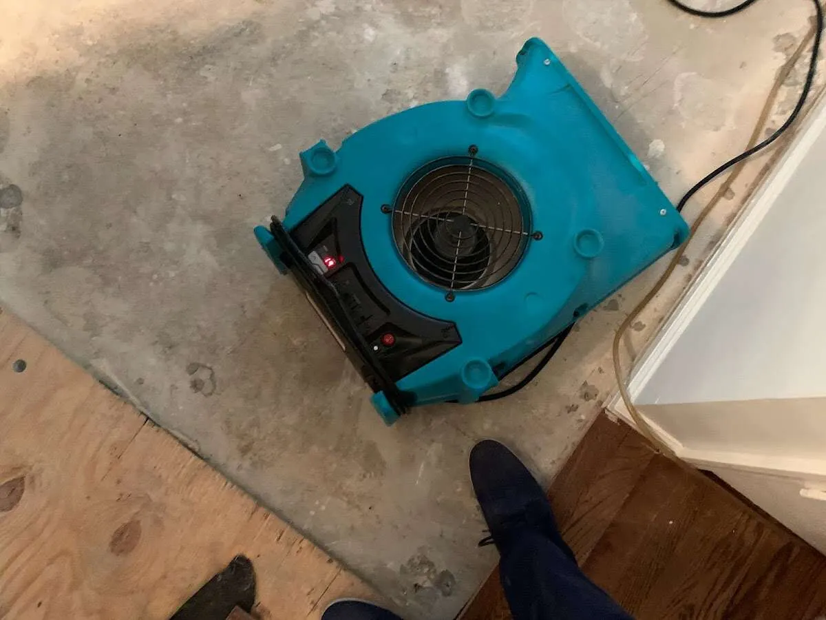 Air mover drying subfloor during Leak Detection & Repair in Bradford